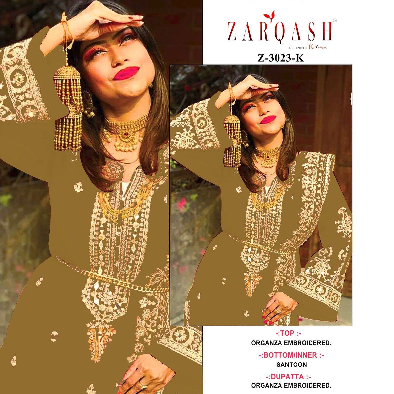 Zarqash Hit Design 3023 Colours By Zarqash 3023-A To 3023-L Series Designer Festive Pakistani Suits Collection Beautiful Stylish Fancy Colorful Party Wear & Occasional Wear Organza Embroidery Dresses At Wholesale Price