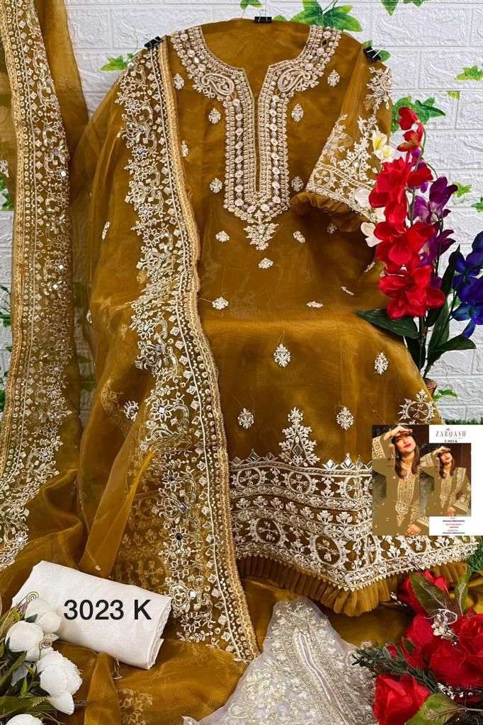Zarqash Hit Design 3023 Colours By Zarqash 3023-A To 3023-L Series Designer Festive Pakistani Suits Collection Beautiful Stylish Fancy Colorful Party Wear & Occasional Wear Organza Embroidery Dresses At Wholesale Price