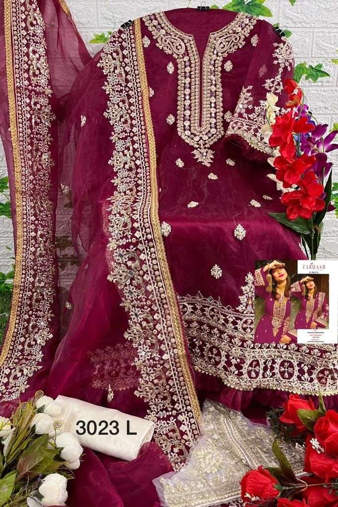 Zarqash Hit Design 3023 Colours By Zarqash 3023-A To 3023-L Series Designer Festive Pakistani Suits Collection Beautiful Stylish Fancy Colorful Party Wear & Occasional Wear Organza Embroidery Dresses At Wholesale Price