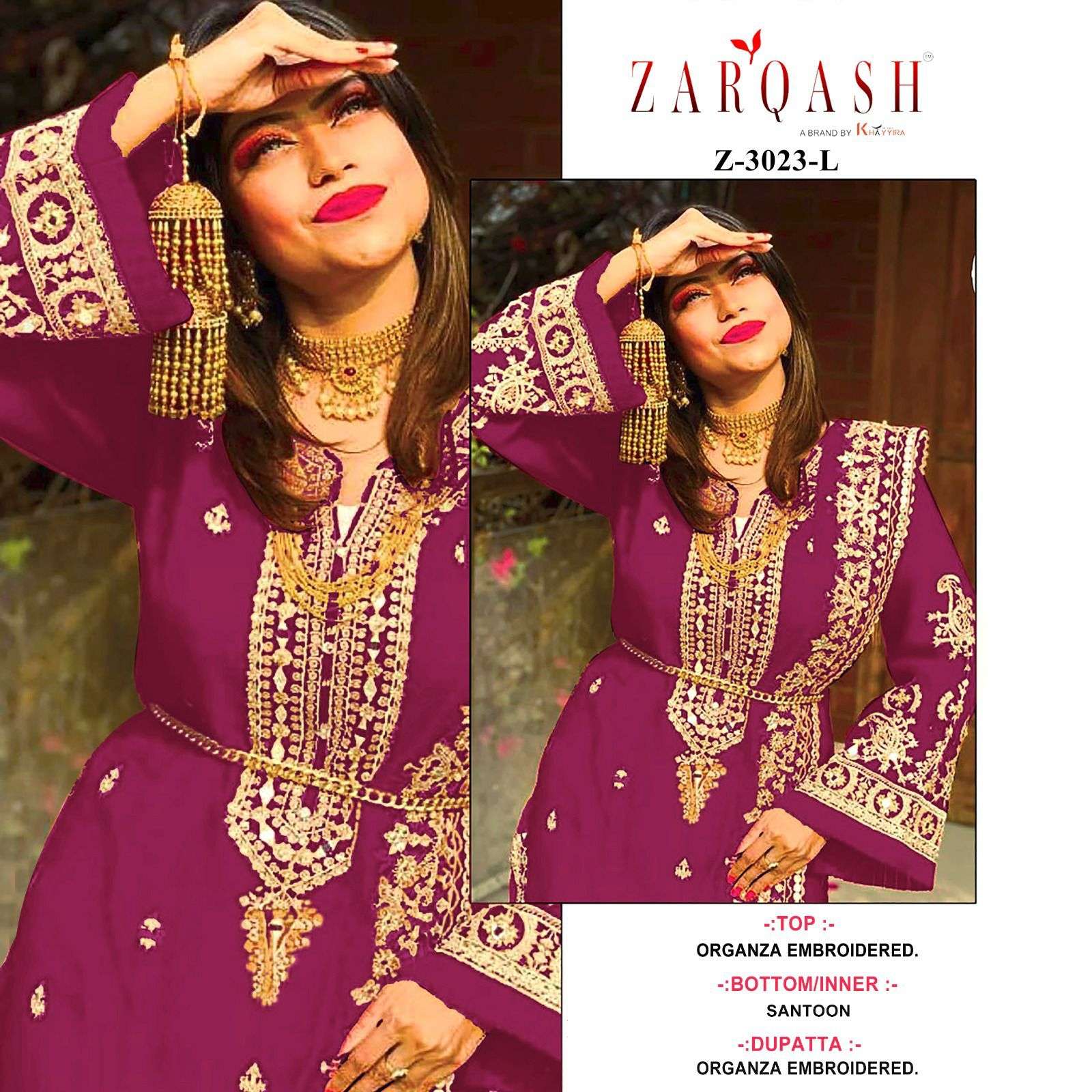 Zarqash Hit Design 3023 Colours By Zarqash 3023-A To 3023-L Series Designer Festive Pakistani Suits Collection Beautiful Stylish Fancy Colorful Party Wear & Occasional Wear Organza Embroidery Dresses At Wholesale Price