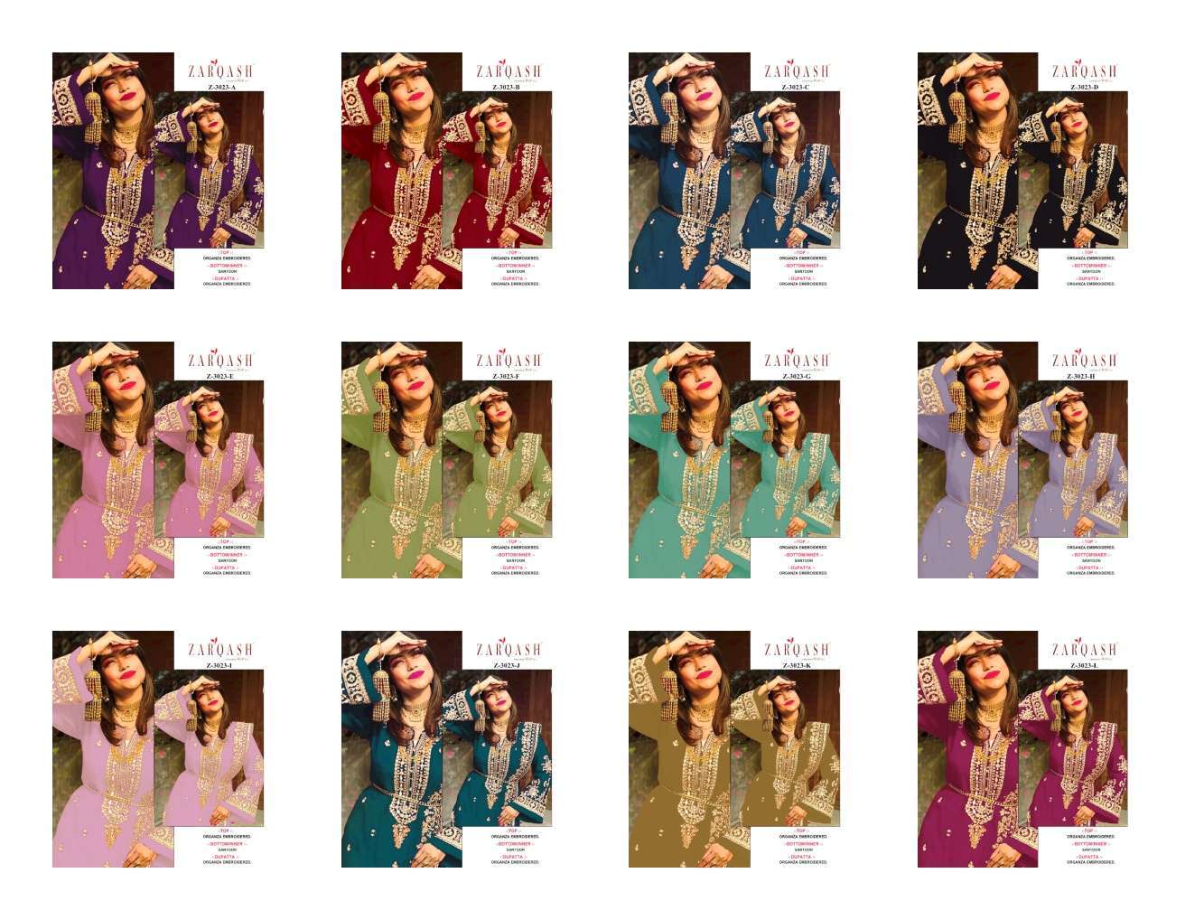Zarqash Hit Design 3023 Colours By Zarqash 3023-A To 3023-L Series Designer Festive Pakistani Suits Collection Beautiful Stylish Fancy Colorful Party Wear & Occasional Wear Organza Embroidery Dresses At Wholesale Price