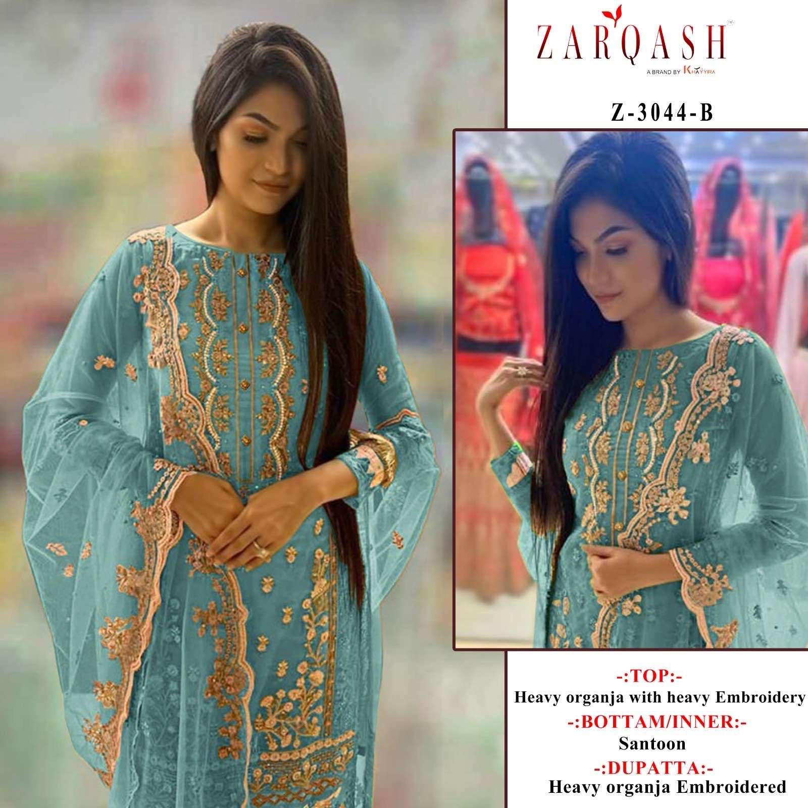 Zarqash Hit Design 3044 Colours By Zarqash 3044-A To 3044-D Series Designer Pakistani Suits Collection Beautiful Stylish Colorful Fancy Party Wear & Occasional Wear Organza Dresses At Wholesale Price