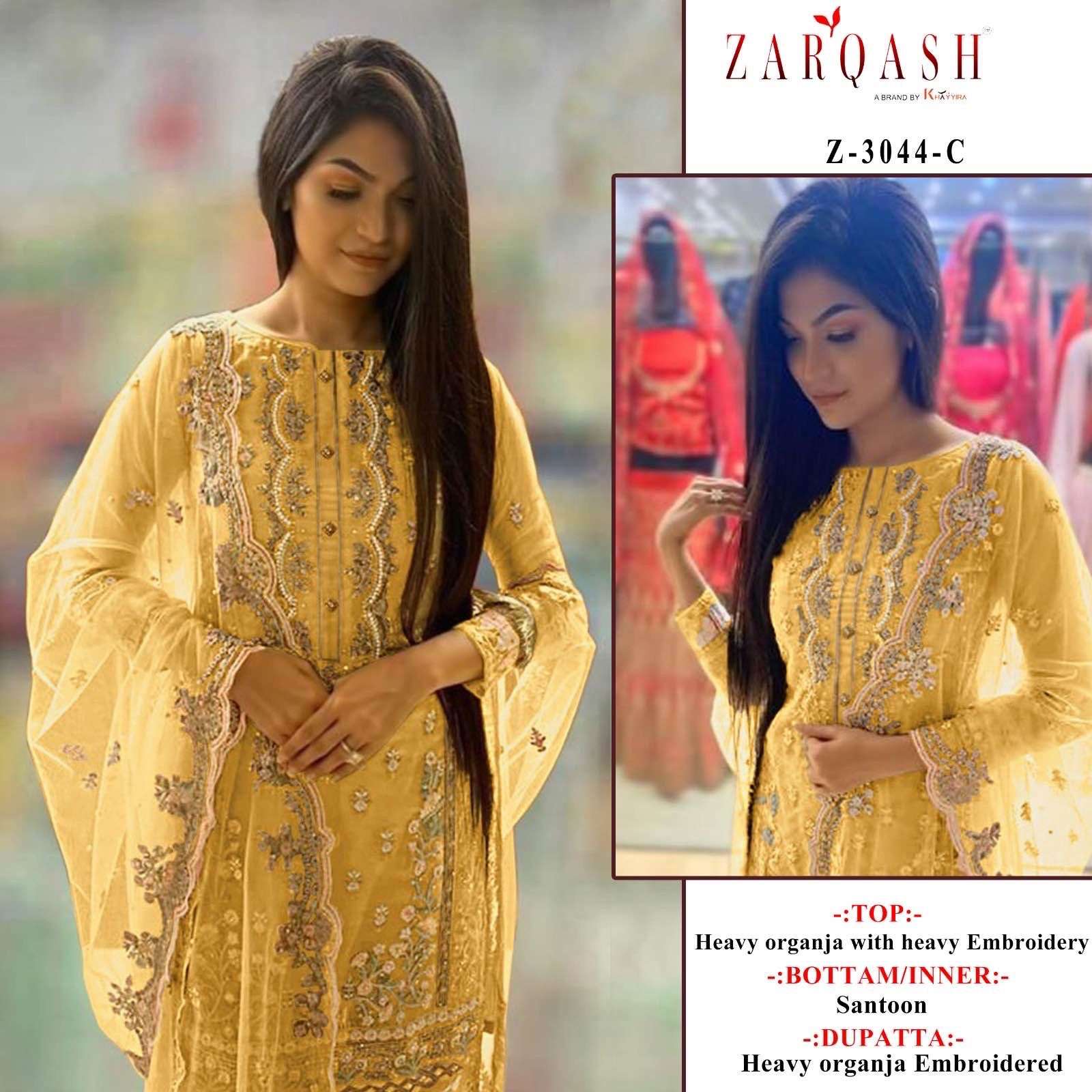 Zarqash Hit Design 3044 Colours By Zarqash 3044-A To 3044-D Series Designer Pakistani Suits Collection Beautiful Stylish Colorful Fancy Party Wear & Occasional Wear Organza Dresses At Wholesale Price