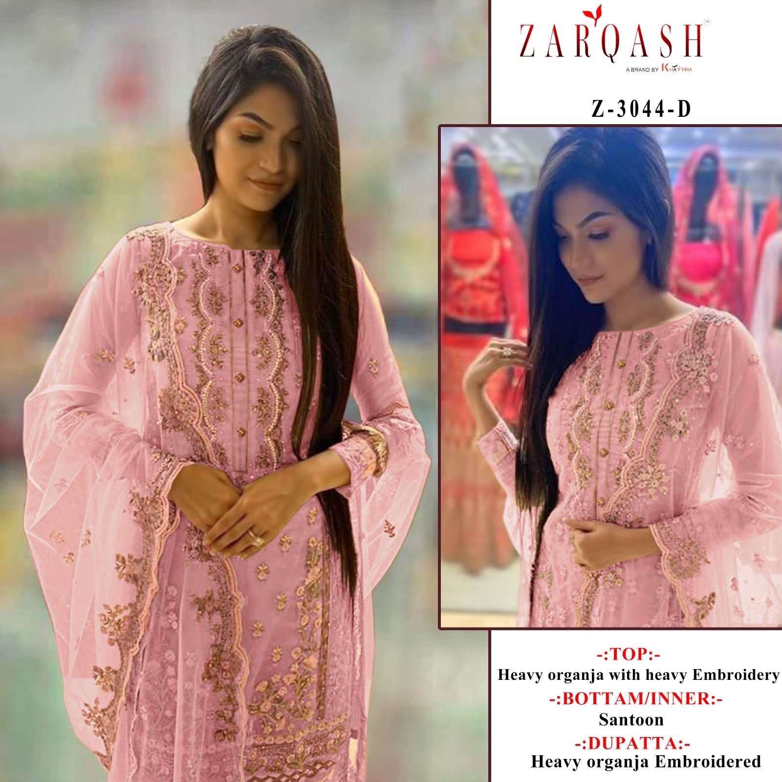 Zarqash Hit Design 3044 Colours By Zarqash 3044-A To 3044-D Series Designer Pakistani Suits Collection Beautiful Stylish Colorful Fancy Party Wear & Occasional Wear Organza Dresses At Wholesale Price