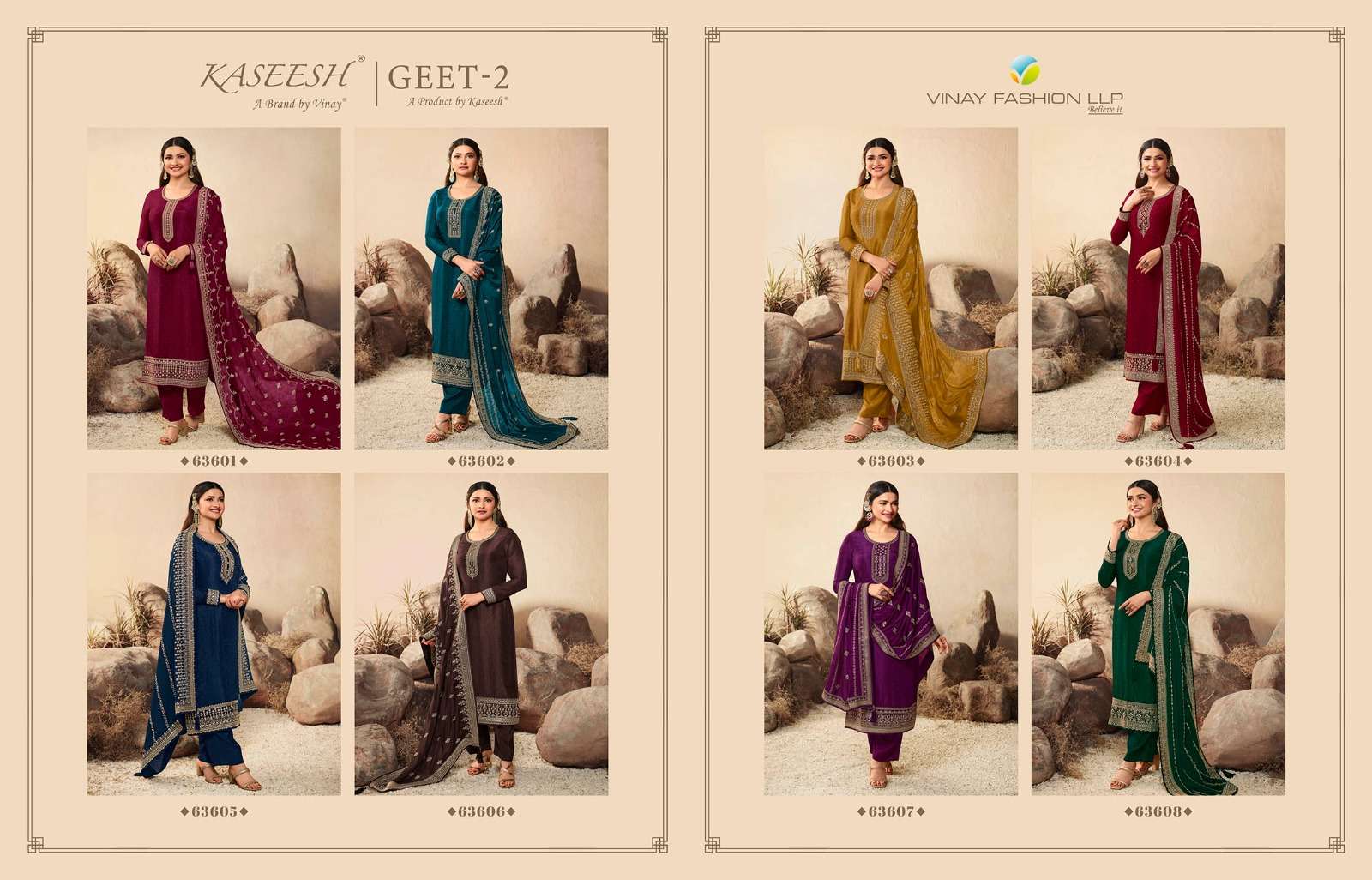 Kaseesh Geet Vol-2 By Vinay Fashion 63601 To 63608 Series Designer Festive Suits Beautiful Fancy Colorful Stylish Party Wear & Occasional Wear Dola Silk Embroidered Dresses At Wholesale Price