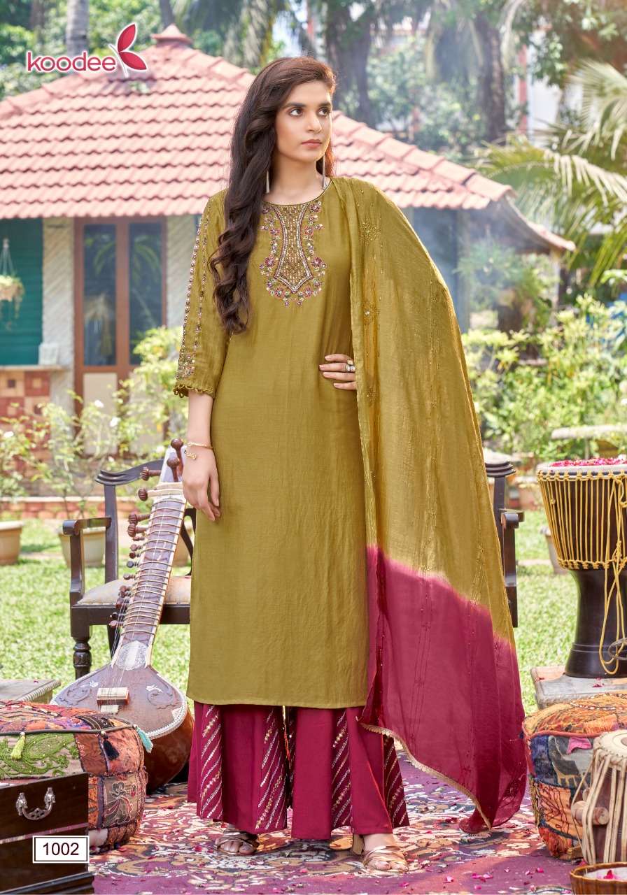 Sanaya By Koodee 1001 To 1006 Series Beautiful Festive Suits Colorful Stylish Fancy Casual Wear & Ethnic Wear Heavy Chinnon Embroidered Dresses At Wholesale Price