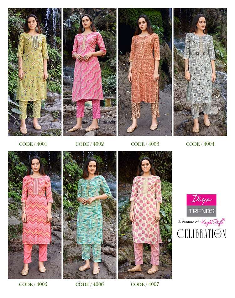 Celebration Vol-4 By Diya Trends 4001 To 4007 Series Designer Stylish Fancy Colorful Beautiful Party Wear & Ethnic Wear Collection Rayon Print Kurtis With Bottom At Wholesale Price