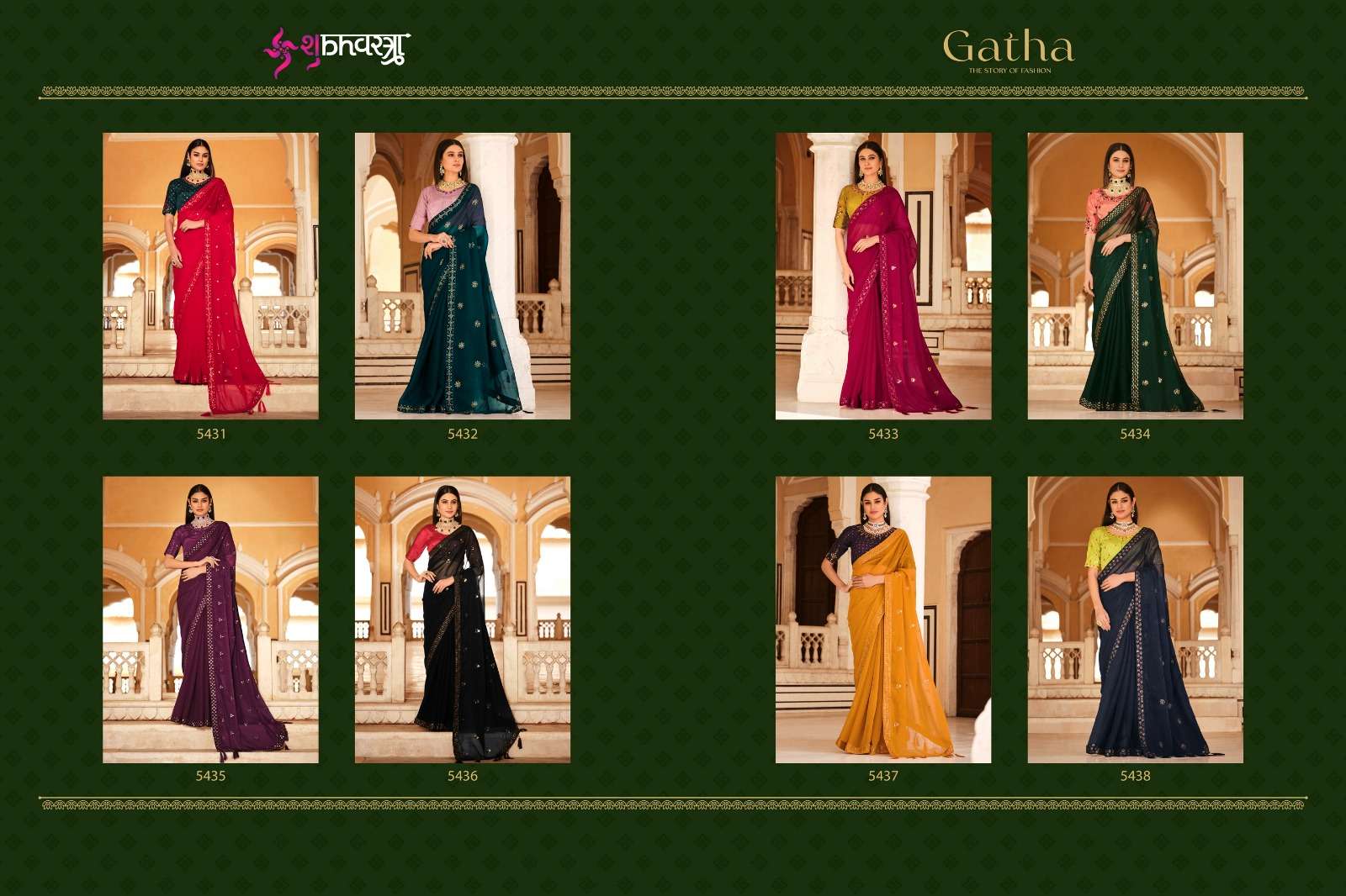 Gatha By Shubhkala 5431 To 5438 Series Indian Traditional Wear Collection Beautiful Stylish Fancy Colorful Party Wear & Occasional Wear Chinnon Sarees At Wholesale Price