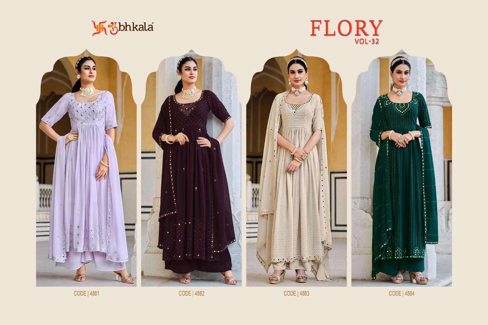 Flory Vol-32 By Shubhkala 4881 To 4884 Series Beautiful Sharara Suits Colorful Stylish Fancy Casual Wear & Ethnic Wear Georgette Dresses At Wholesale Price