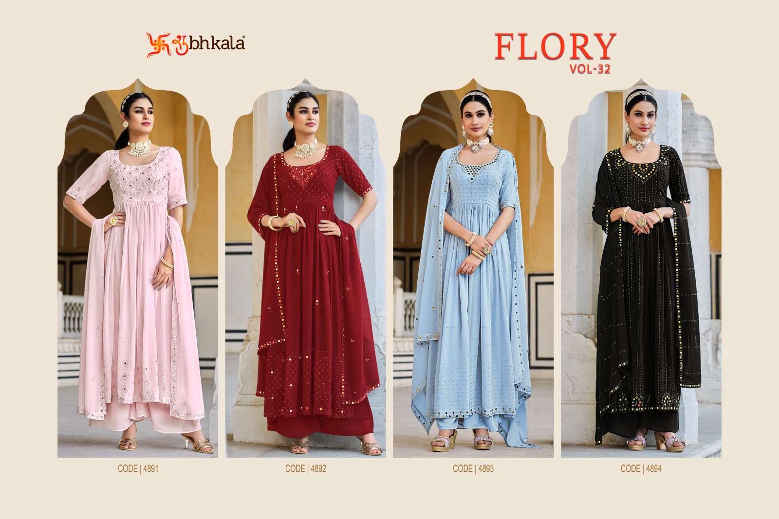 Flory Vol-33 By Shubhkala 4891 To 4894 Series Beautiful Sharara Suits Colorful Stylish Fancy Casual Wear & Ethnic Wear Georgette Dresses At Wholesale Price