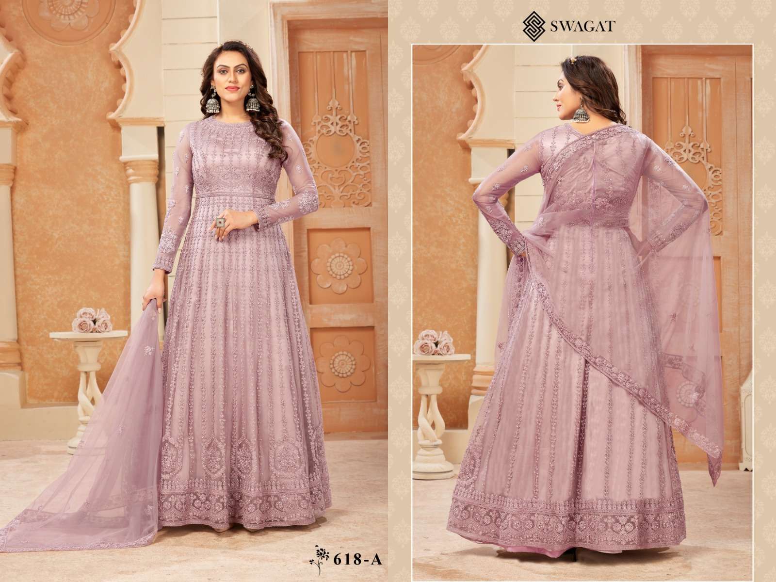 Swagat 618 Colours By Swagat 618-A To 618-D Series Designer Anarkali Suits Collection Beautiful Stylish Fancy Colorful Party Wear & Occasional Wear Net Embroidered Dresses At Wholesale Price