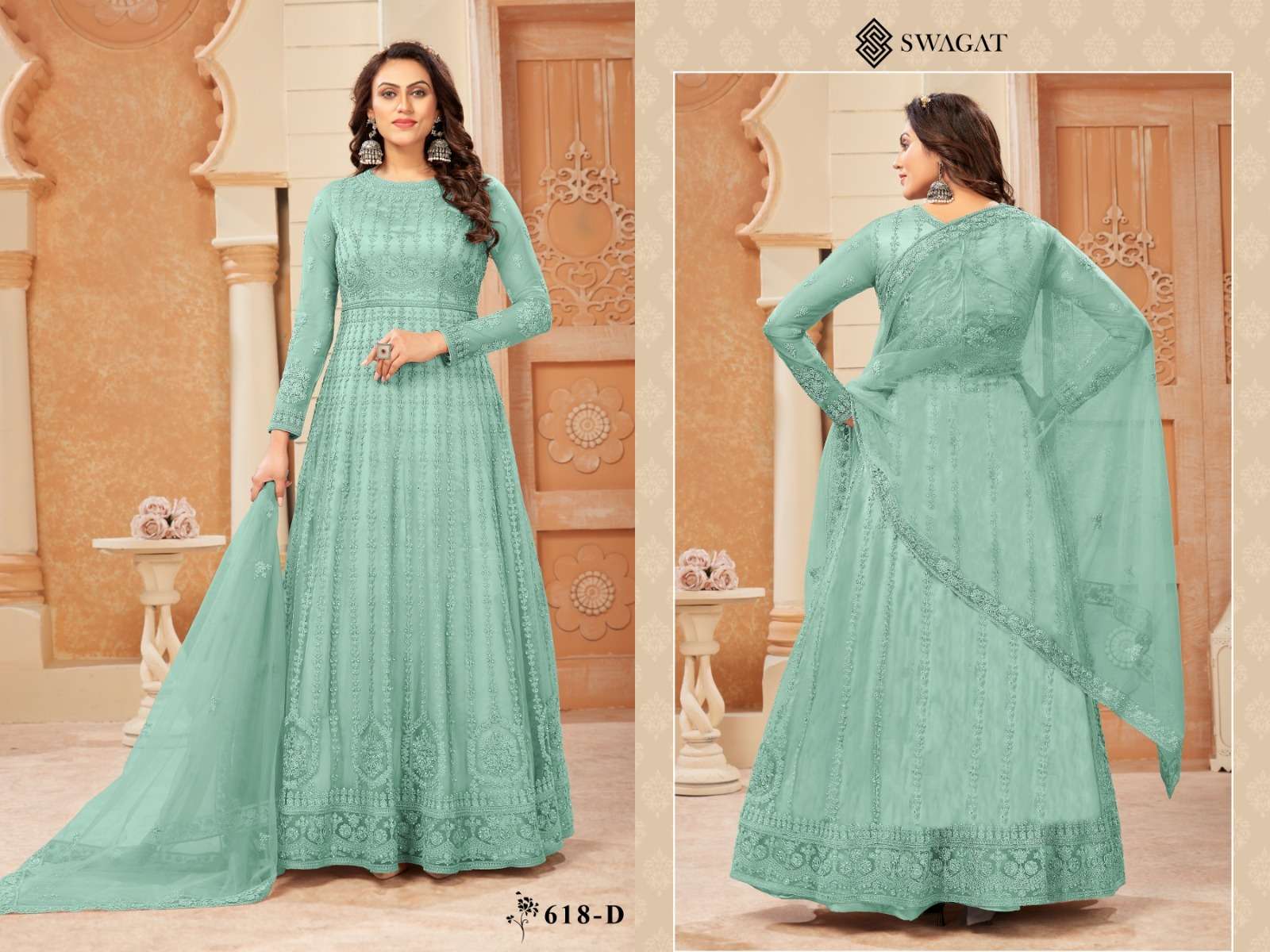 Swagat 618 Colours By Swagat 618-A To 618-D Series Designer Anarkali Suits Collection Beautiful Stylish Fancy Colorful Party Wear & Occasional Wear Net Embroidered Dresses At Wholesale Price