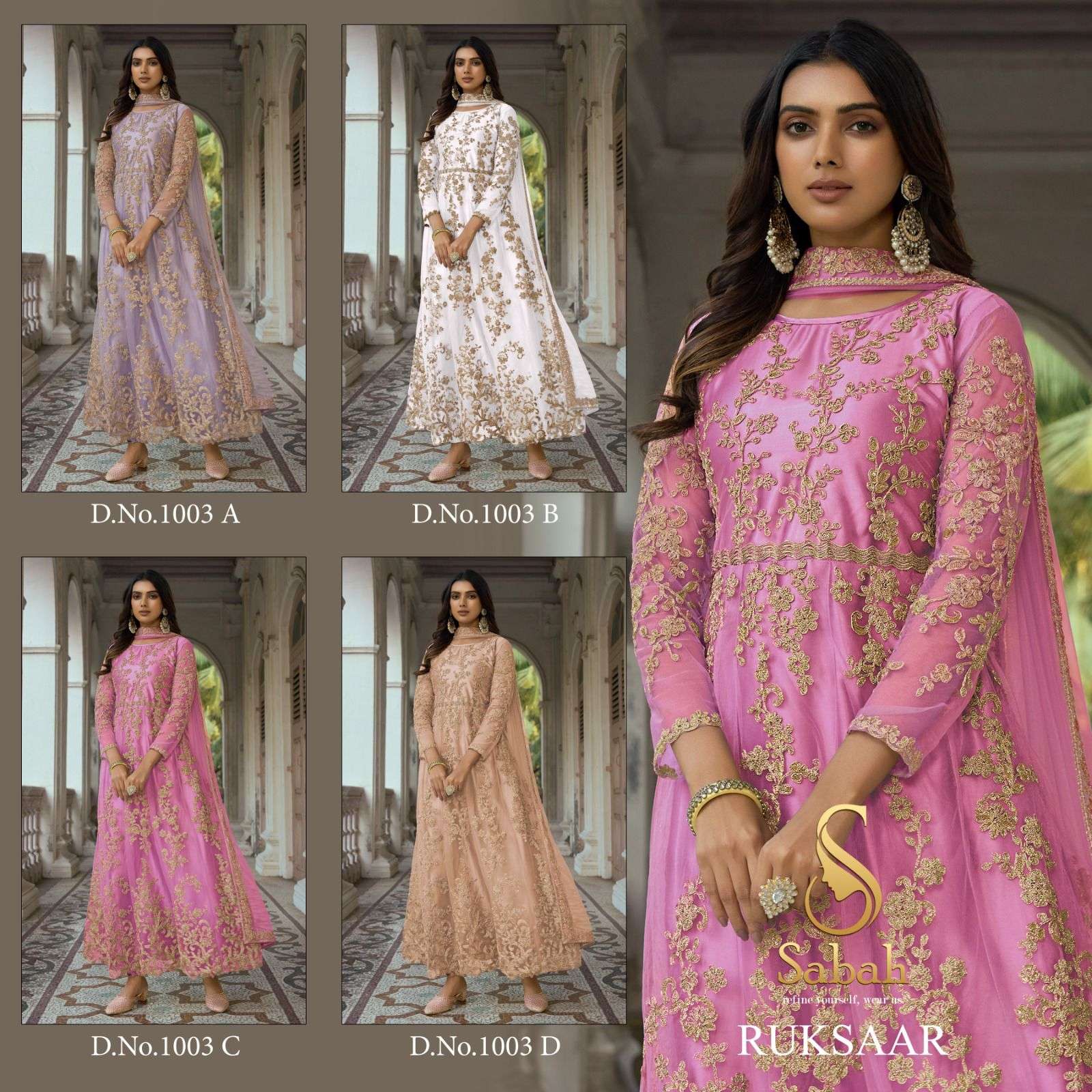 Ruksaar 1003 Colours By Sabah 1003-A To 1003-D Series Designer Anarkali Suits Beautiful Fancy Colorful Stylish Party Wear & Occasional Wear Heavy Net Dresses At Wholesale Price