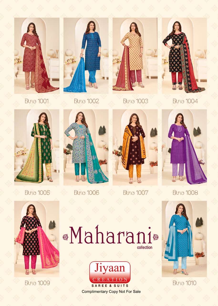 Maharani Collection By Jiyaan Creation 1001 To 1010 Series Beautiful Stylish Festive Suits Fancy Colorful Casual Wear & Ethnic Wear & Ready To Wear Cambric Print Dresses At Wholesale Price