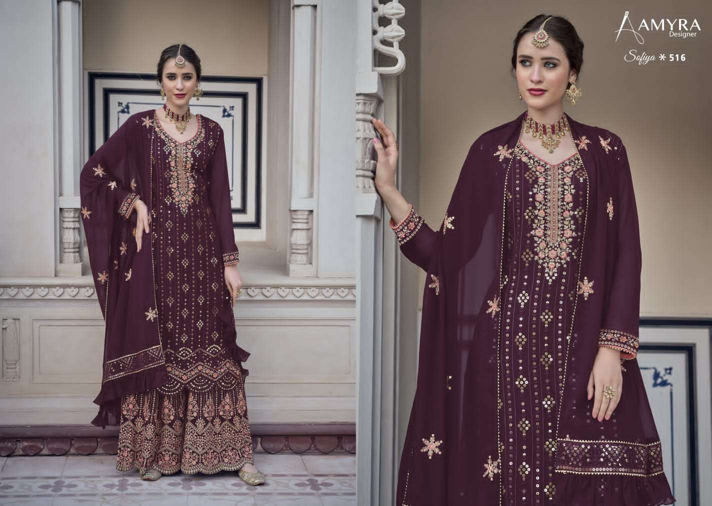 Sofiya Vol-4 By Amyra Designer 513 To 516 Series Beautiful Sharara Suits Colorful Stylish Fancy Casual Wear & Ethnic Wear Heavy Georgette Dresses At Wholesale Price