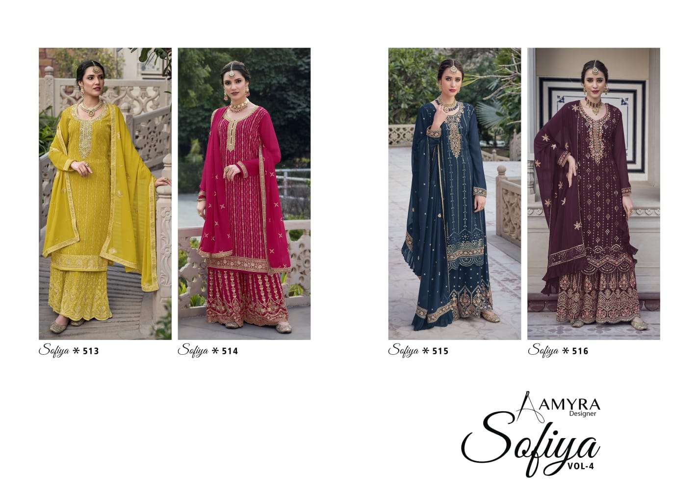 Sofiya Vol-4 By Amyra Designer 513 To 516 Series Beautiful Sharara Suits Colorful Stylish Fancy Casual Wear & Ethnic Wear Heavy Georgette Dresses At Wholesale Price