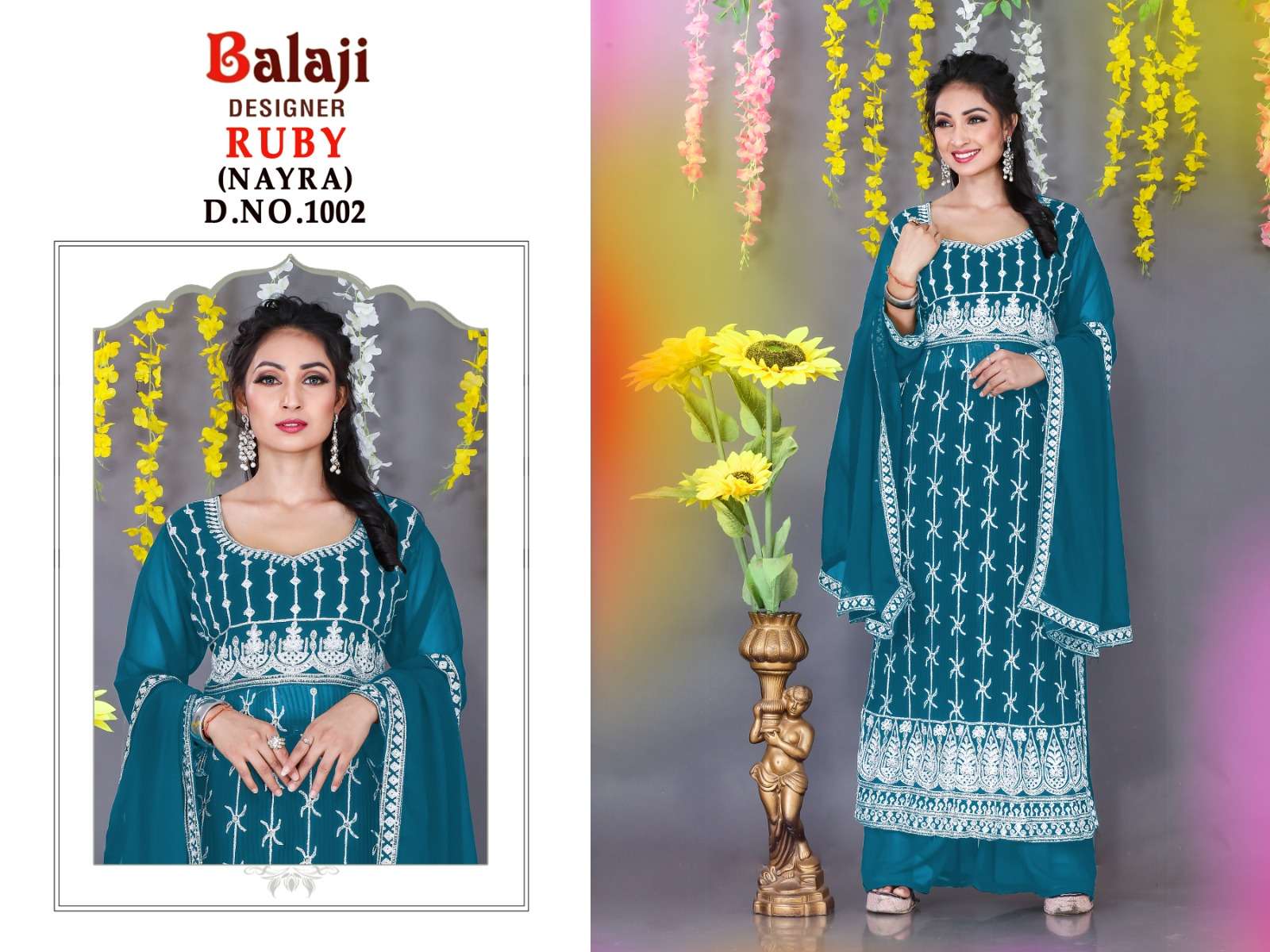 Ruby By Balaji Designer 1001 To 1004 Series Beautiful Sharara Suits Colorful Stylish Fancy Casual Wear & Ethnic Wear Georgette Embroidered Dresses At Wholesale Price