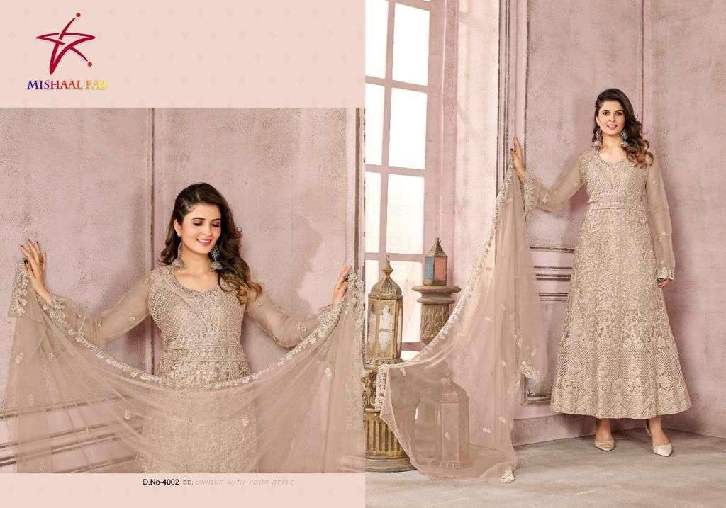 Mishaal 4001 Series By Mishaal Fab 4001 To 4004 Series Beautiful Pakistani Suits Stylish Colorful Fancy Casual Wear & Ethnic Wear Net Embroidered Dresses At Wholesale Price