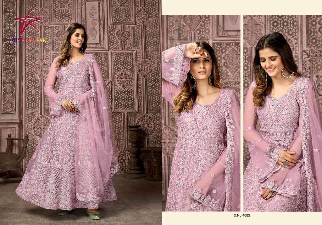 Mishaal 4001 Series By Mishaal Fab 4001 To 4004 Series Beautiful Pakistani Suits Stylish Colorful Fancy Casual Wear & Ethnic Wear Net Embroidered Dresses At Wholesale Price