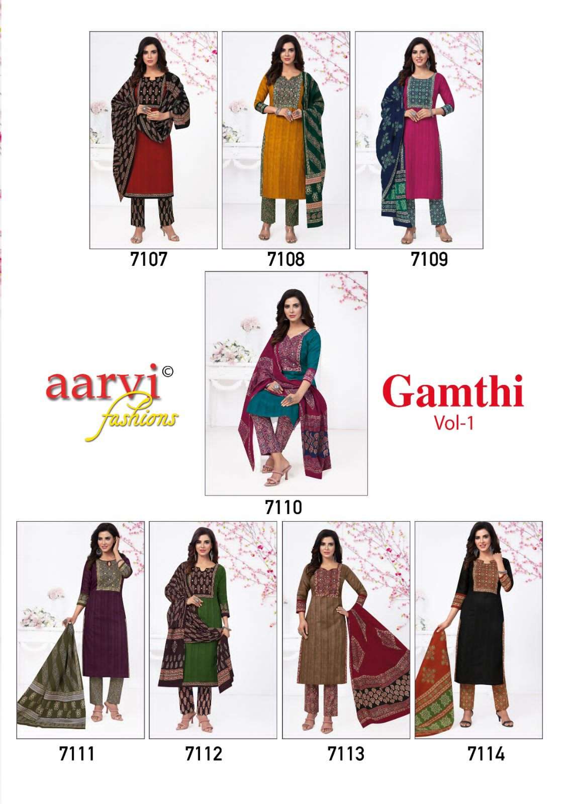 Gamthi Vol-1 By Aarvi Fashion 7107 To 7114 Series Beautiful Stylish Suits Fancy Colorful Casual Wear & Ethnic Wear & Ready To Wear Pure Cotton Printed Dresses At Wholesale Price