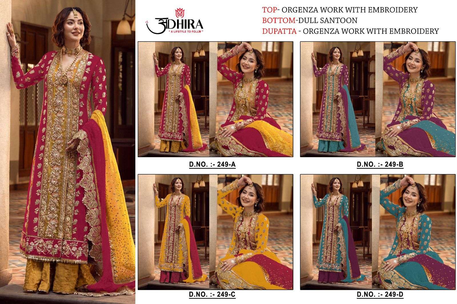 Adhira 249 Colours By Adhira 249-A To 249-D Series Designer Pakistani Suits Beautiful Stylish Fancy Colorful Party Wear & Occasional Wear Organza Dresses At Wholesale Price