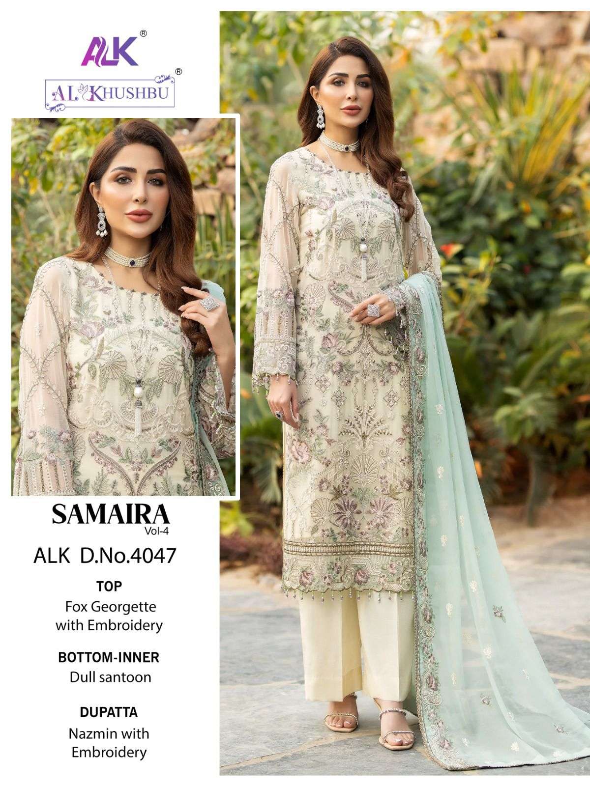 Samaira Vol-4 By Al Khushbu 4047 To 4049 Series Beautiful Stylish Pakistani Suits Fancy Colorful Casual Wear & Ethnic Wear & Ready To Wear Faux Georgette Embroidery Dresses At Wholesale Price