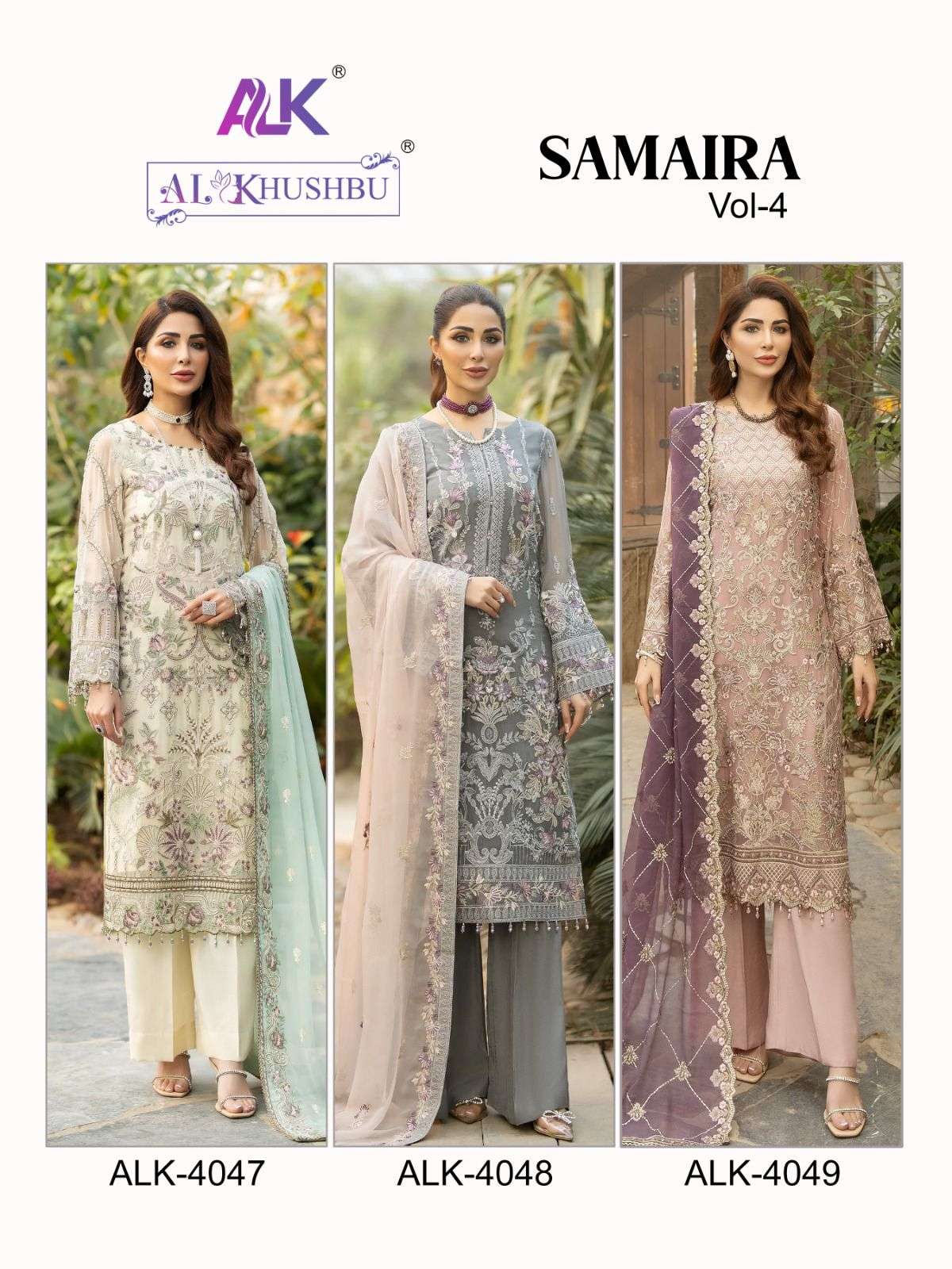 Samaira Vol-4 By Al Khushbu 4047 To 4049 Series Beautiful Stylish Pakistani Suits Fancy Colorful Casual Wear & Ethnic Wear & Ready To Wear Faux Georgette Embroidery Dresses At Wholesale Price