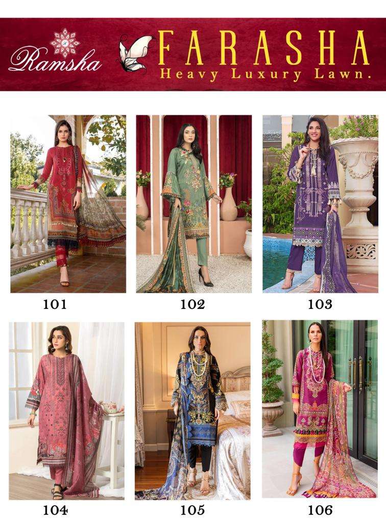 Farasha By Ramsha 101 To 106 Series Beautiful Pakistani Suits Colorful Stylish Fancy Casual Wear & Ethnic Wear Heavy Lawn Cotton Dresses At Wholesale Price