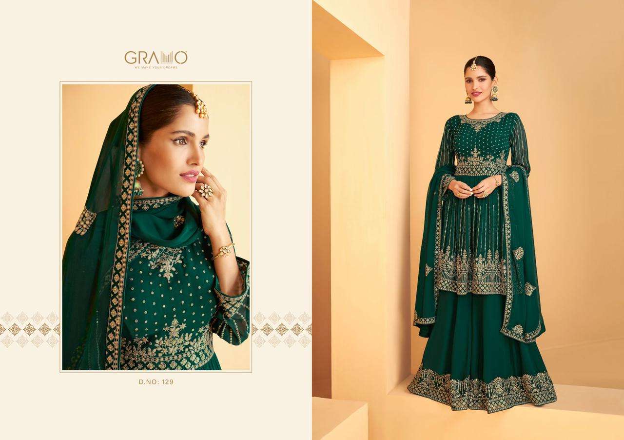 Gramo Hit Design 129 By Gramo Beautiful Sharara Suits Stylish Colorful Fancy Casual Wear & Ethnic Wear Heavy Faux Georgette Embroidered Dresses At Wholesale Price