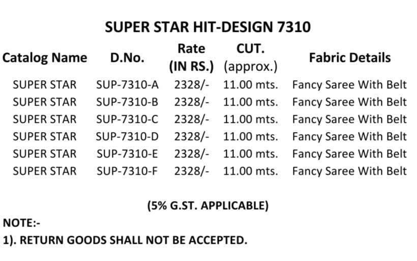 Super Star 7310 Colours By Tfh 7310-A To 7310-F Series Indian Traditional Wear Collection Beautiful Stylish Fancy Colorful Party Wear & Occasional Wear Fancy Sarees At Wholesale Price