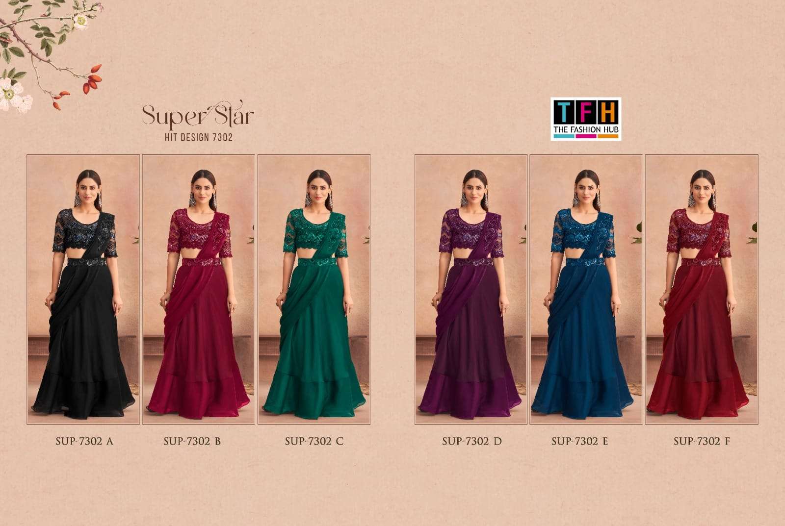 Super Star 7302 Colours By Tfh 7302-A To 7302-F Series Indian Traditional Wear Collection Beautiful Stylish Fancy Colorful Party Wear & Occasional Wear Fancy Sarees At Wholesale Price