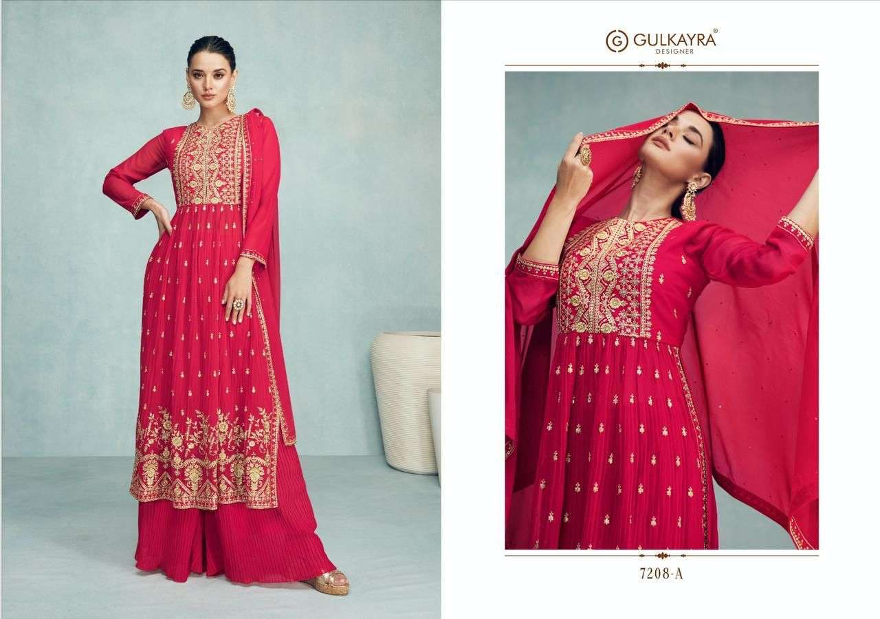 Nayra Vol-8 By Gulkayra Designer 7208-A To 7208-E Series Beautiful Sharara Suits Colorful Stylish Fancy Casual Wear & Ethnic Wear Georgette Embroidered Dresses At Wholesale Price