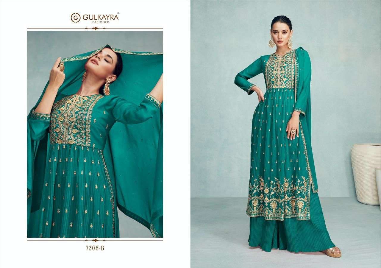 Nayra Vol-8 By Gulkayra Designer 7208-A To 7208-E Series Beautiful Sharara Suits Colorful Stylish Fancy Casual Wear & Ethnic Wear Georgette Embroidered Dresses At Wholesale Price
