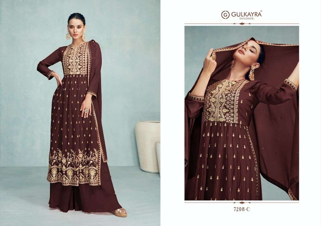 Nayra Vol-8 By Gulkayra Designer 7208-A To 7208-E Series Beautiful Sharara Suits Colorful Stylish Fancy Casual Wear & Ethnic Wear Georgette Embroidered Dresses At Wholesale Price