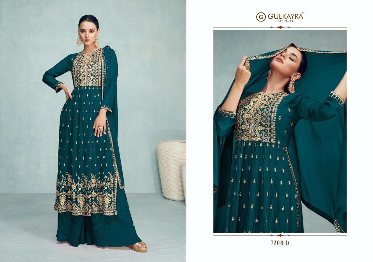 Nayra Vol-8 By Gulkayra Designer 7208-A To 7208-E Series Beautiful Sharara Suits Colorful Stylish Fancy Casual Wear & Ethnic Wear Georgette Embroidered Dresses At Wholesale Price