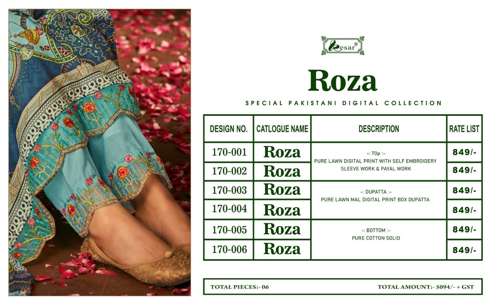 Roza By Kesar 170-001 To 170-006 Series Beautiful Festive Suits Colorful Stylish Fancy Casual Wear & Ethnic Wear Pure Lawn Digital Print Dresses At Wholesale Price