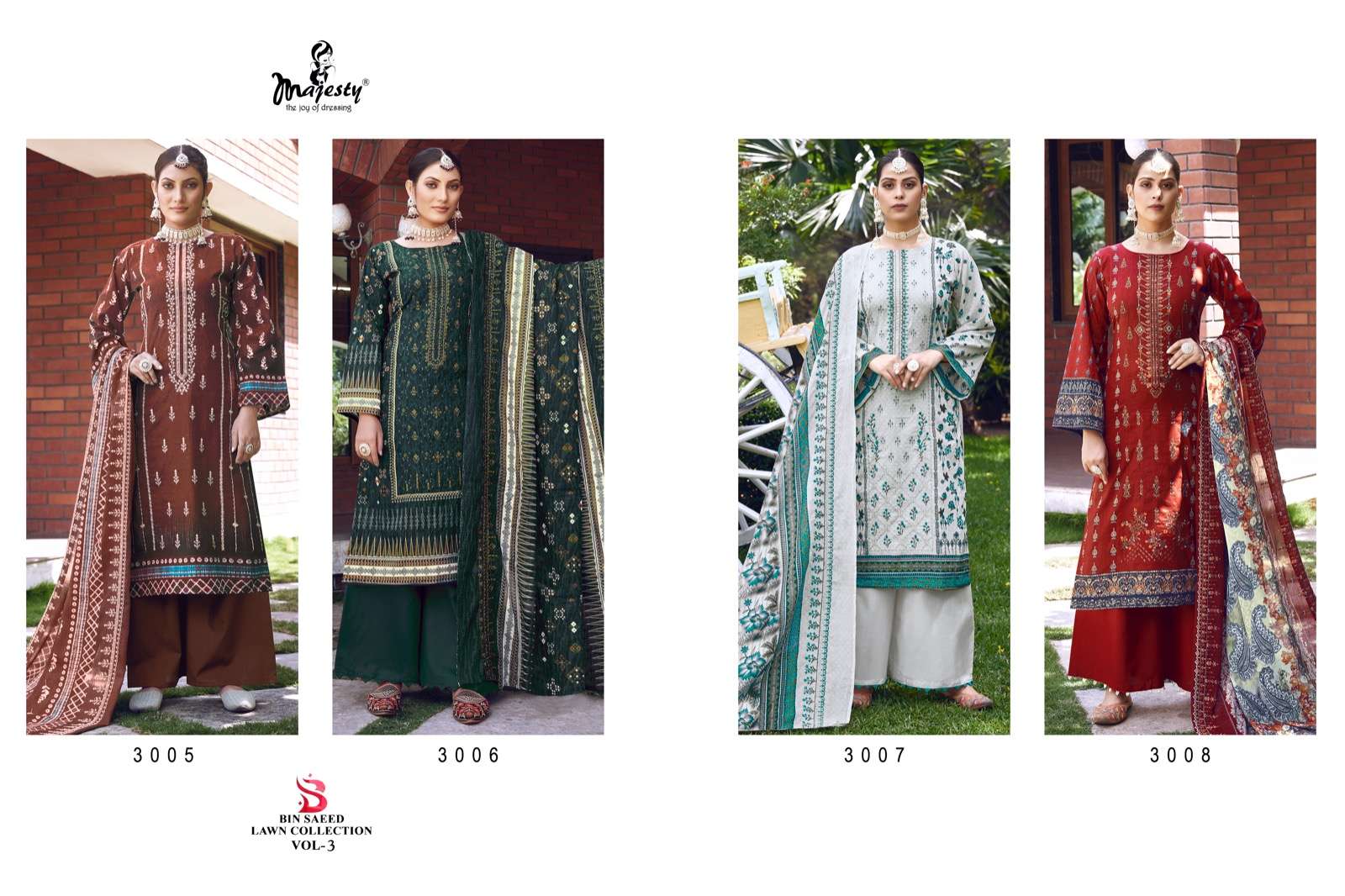 Bin Saeed Lawn Collection Vol-3 By Majesty 3005 To 3008 Series Beautiful Pakistani Suits Colorful Stylish Fancy Casual Wear & Ethnic Wear Pure Cotton With Embroidered Dresses At Wholesale Price