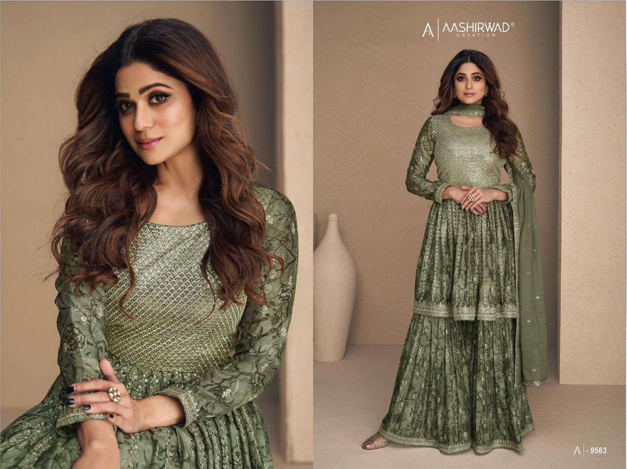 Flower By Aashirwad Creation 9560 To 9564 Series Beautiful Sharara Suits Colorful Stylish Fancy Casual Wear & Ethnic Wear Chinnon Silk Digital Print Dresses At Wholesale Price
