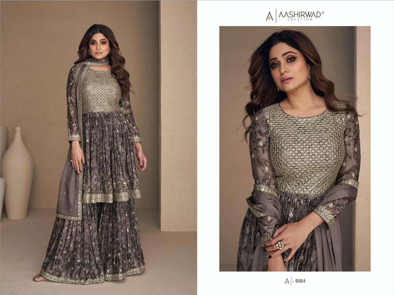 Flower By Aashirwad Creation 9560 To 9564 Series Beautiful Sharara Suits Colorful Stylish Fancy Casual Wear & Ethnic Wear Chinnon Silk Digital Print Dresses At Wholesale Price