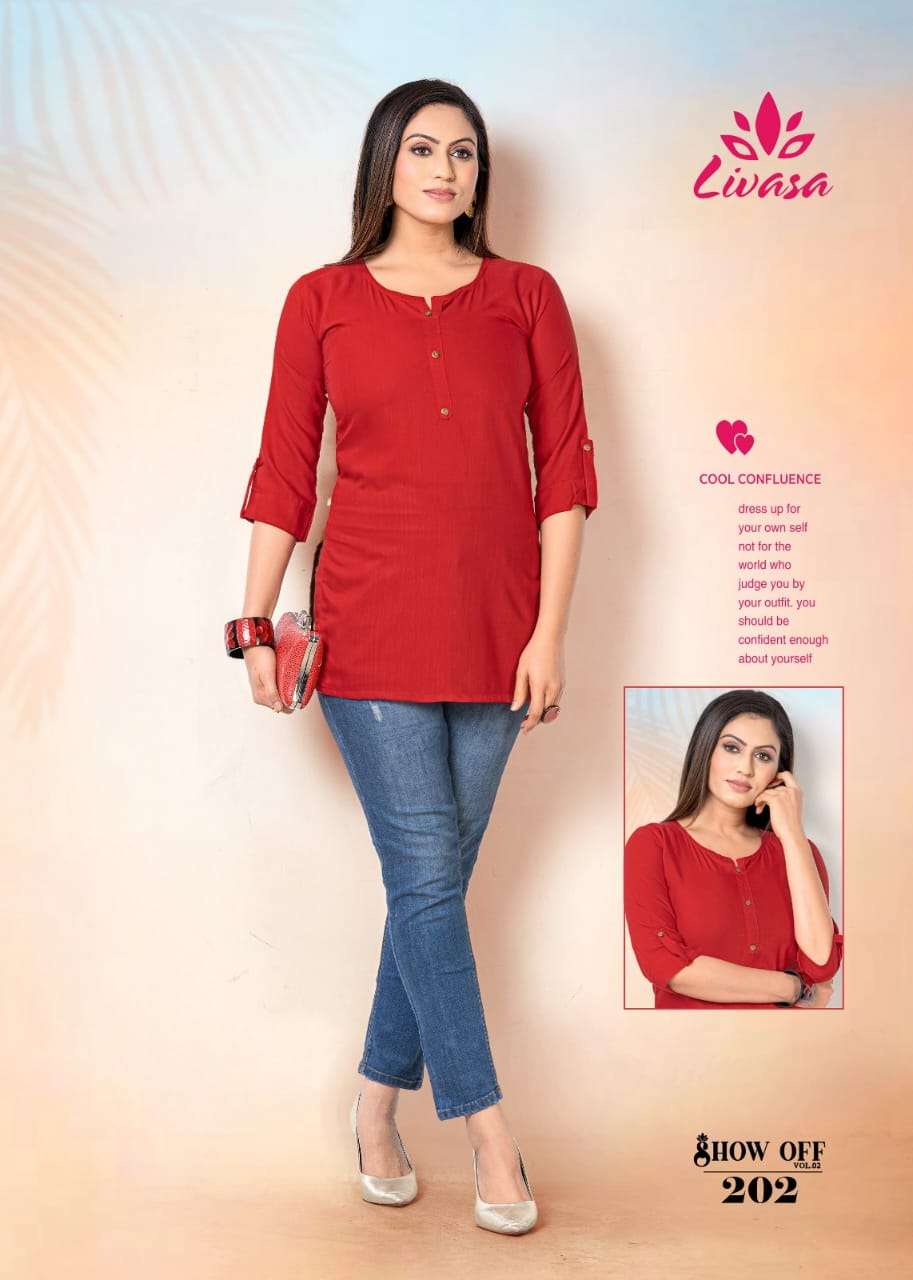 Show Off Vol-2 By Livasa 201 To 210 Series Beautiful Stylish Fancy Colorful Casual Wear & Ethnic Wear Rayon Tops At Wholesale Price