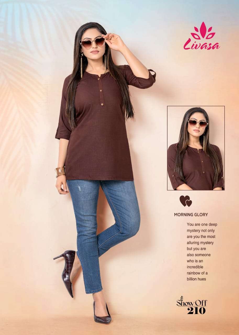 Show Off Vol-2 By Livasa 201 To 210 Series Beautiful Stylish Fancy Colorful Casual Wear & Ethnic Wear Rayon Tops At Wholesale Price