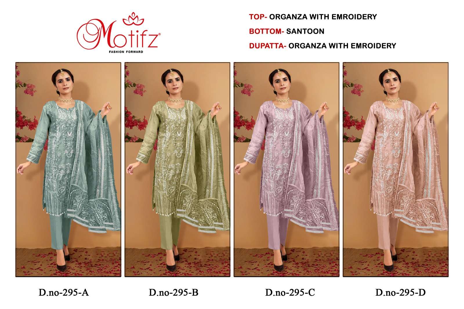 Motifz Hit Design 295 Colours By Motifz 295-A To 295-D Series Designer Pakistani Suits Beautiful Fancy Colorful Stylish Party Wear & Occasional Wear Organza With Embroidery Dresses At Wholesale Price