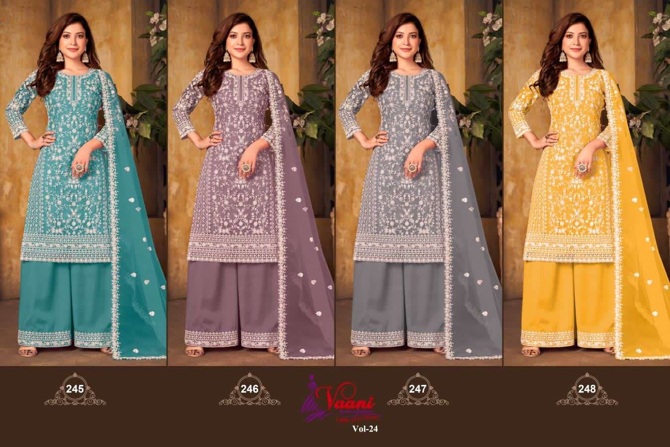 Vaani Vol-24 New Colours By Twisha 245 To 248 Series Designer Sharara Suits Collection Beautiful Stylish Fancy Colorful Party Wear & Occasional Wear Net With Embroidered Dresses At Wholesale Price