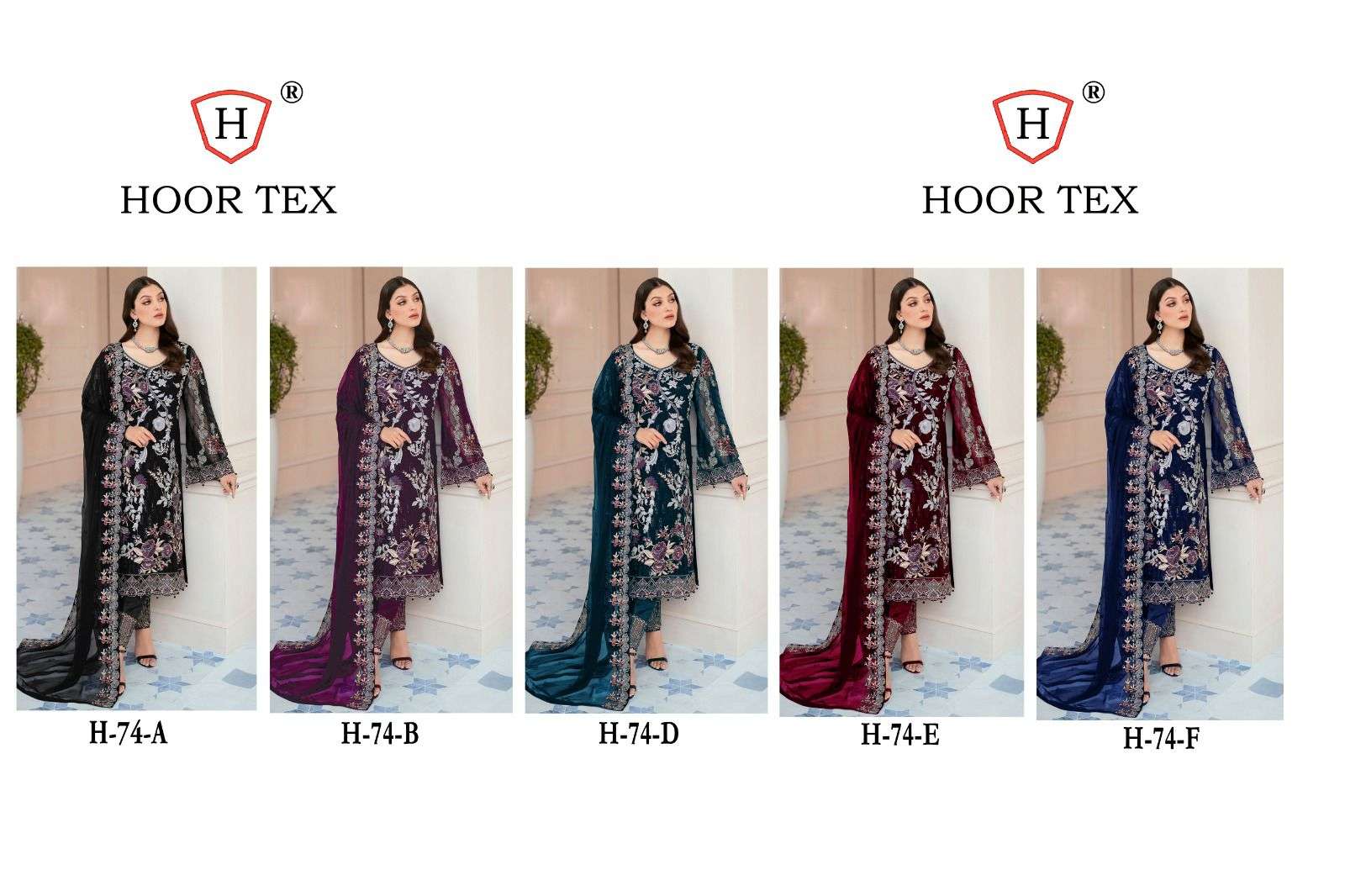 Hoor Tex Hit Design H-74 Colours By Hoor Tex H-74-A To H-74-E Series Beautiful Pakistani Suits Stylish Colorful Fancy Casual Wear & Ethnic Wear Faux Georgette Embroidered Dresses At Wholesale Price