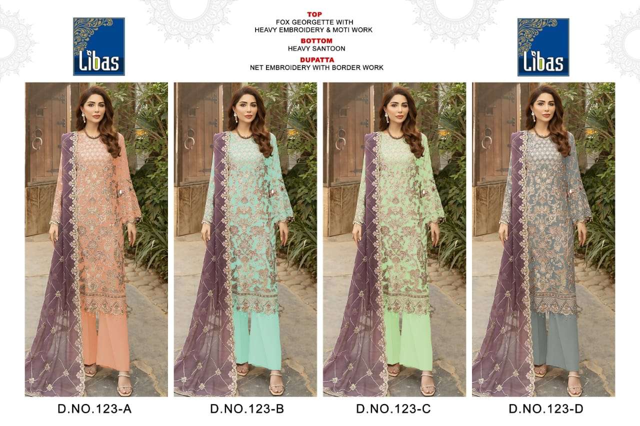 Libas 123 Colours By Libas 123-A To 123-D Series Beautiful Stylish Pakistani Suits Fancy Colorful Casual Wear & Ethnic Wear & Ready To Wear Faux Georgette Embroidered Dresses At Wholesale Price