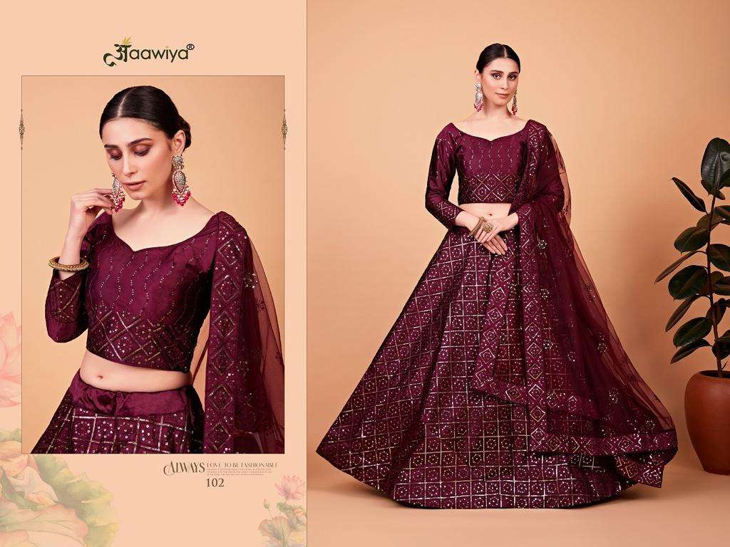 Nayra Vol-1 By Aawiya 101 To 107 Series Designer Beautiful Wedding Collection Occasional Wear & Party Wear Tabby Silk Lehengas At Wholesale Price