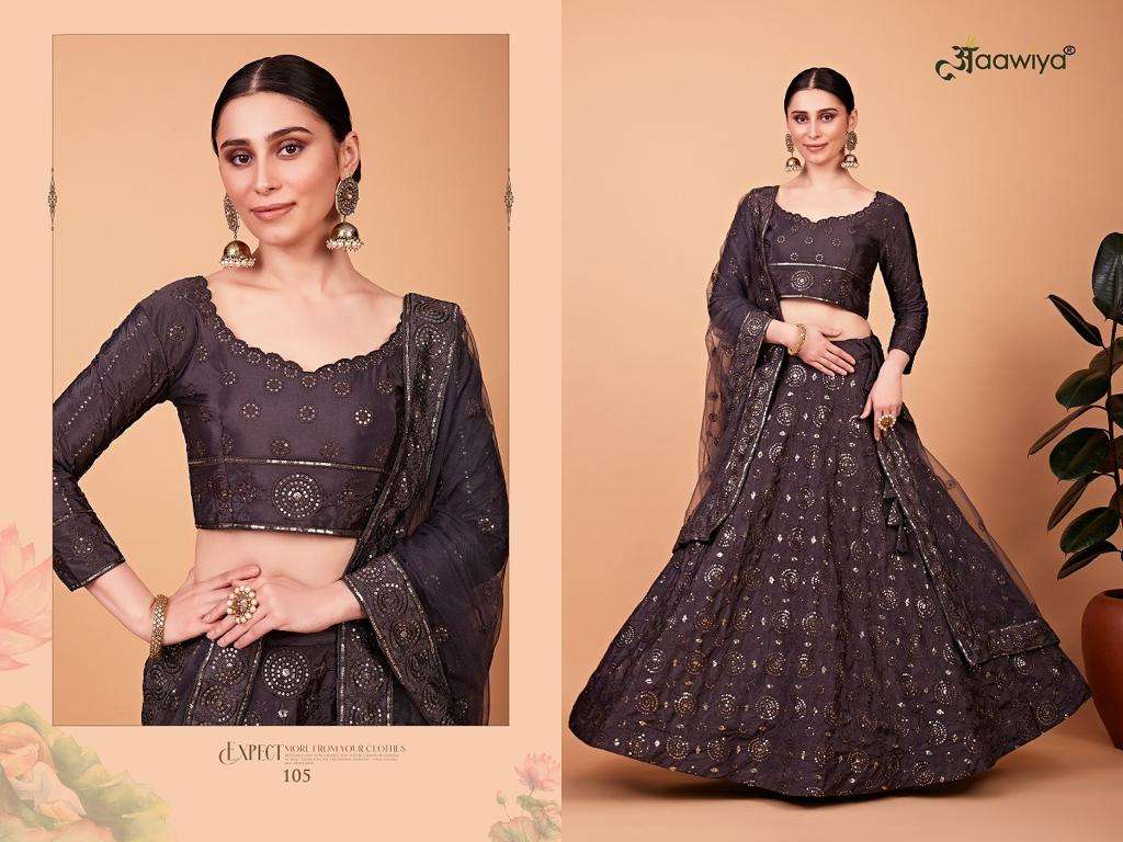 Nayra Vol-1 By Aawiya 101 To 107 Series Designer Beautiful Wedding Collection Occasional Wear & Party Wear Tabby Silk Lehengas At Wholesale Price