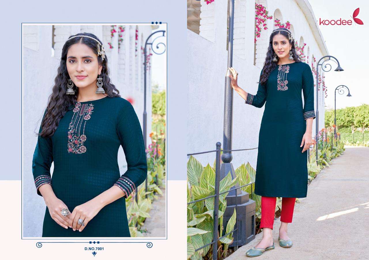 Raas Vol-1 By Koodee 7001 To 7006 Series Beautiful Stylish Fancy Colorful Casual Wear & Ethnic Wear Rayon Embroidered Kurtis At Wholesale Price