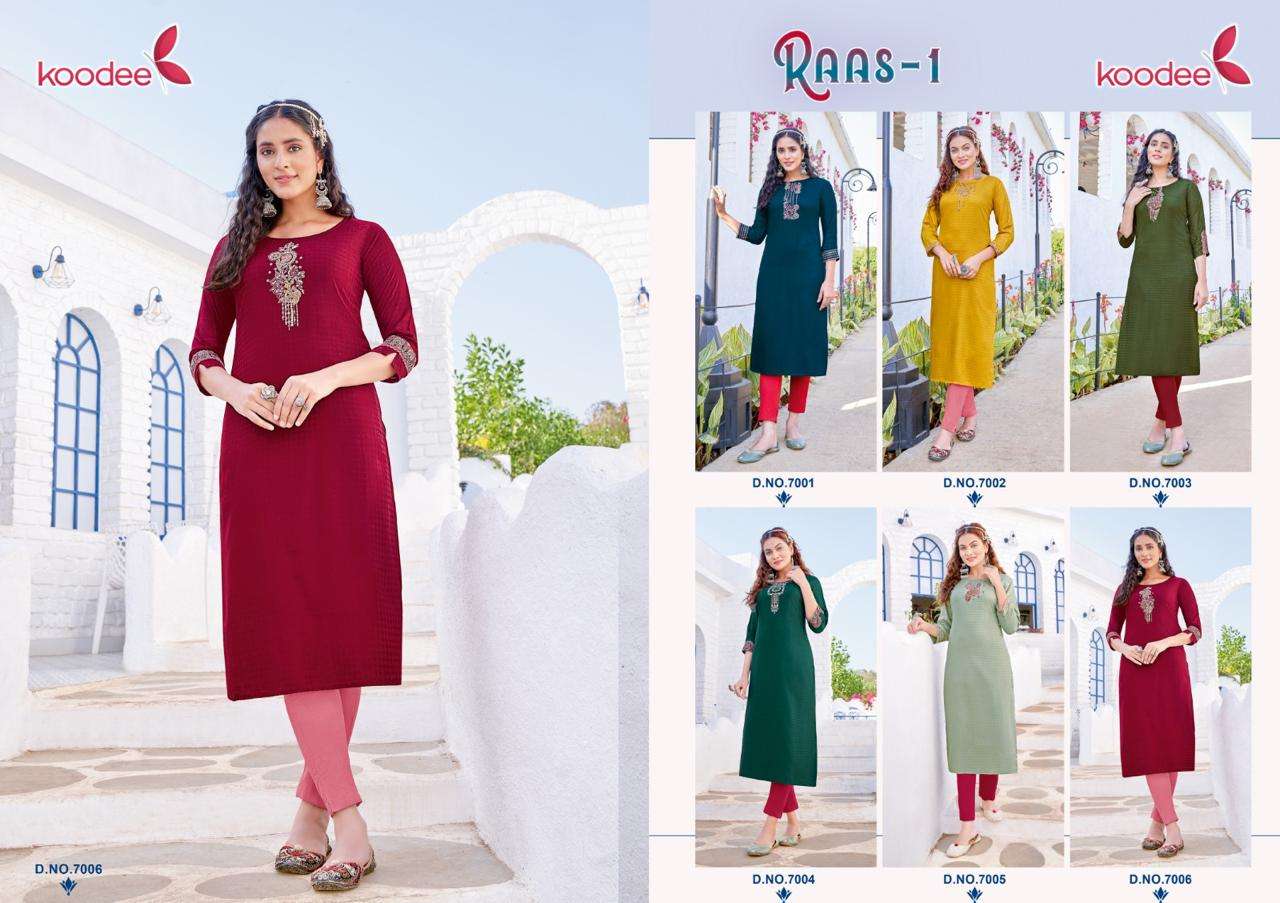 Raas Vol-1 By Koodee 7001 To 7006 Series Beautiful Stylish Fancy Colorful Casual Wear & Ethnic Wear Rayon Embroidered Kurtis At Wholesale Price