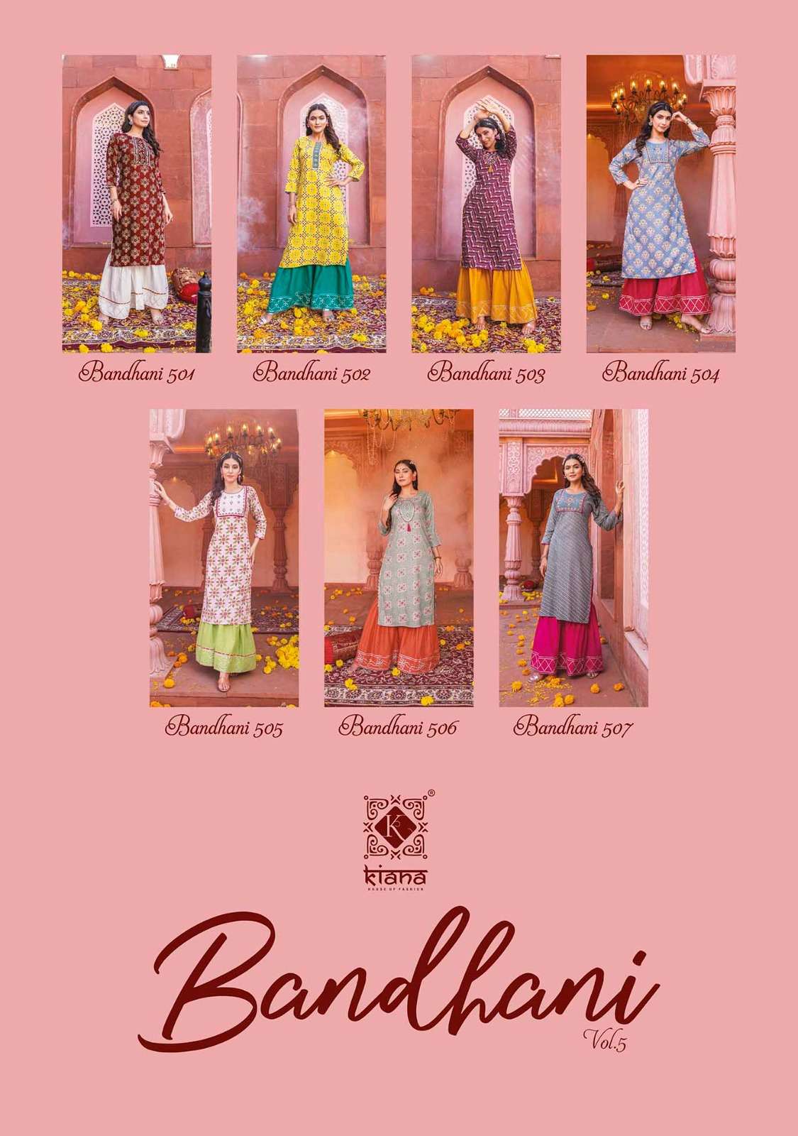 Bandhani Vol-5 By Kiana 501 To 507 Series Designer Stylish Fancy Colorful Beautiful Party Wear & Ethnic Wear Collection Heavy Rayon Kurtis With Bottom At Wholesale Price
